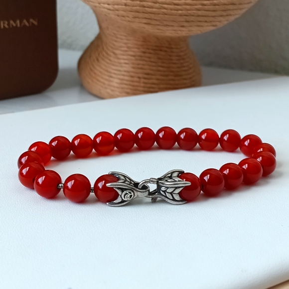 David Yurman Men's Carnelian Sterling Silver 8mm Spiritual Beads Bracelet - Picture 1 of 3